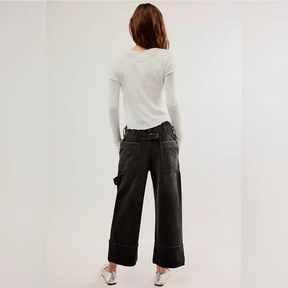 Free People Major Leagues Black Wide Leg Cuff Jeans Size 26 - Picture 4 of 15